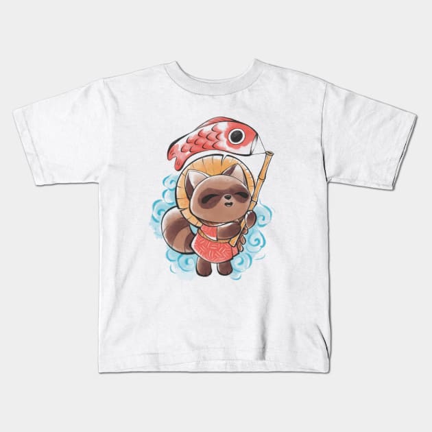 Koinobori Tanuki Kids T-Shirt by rikolaa